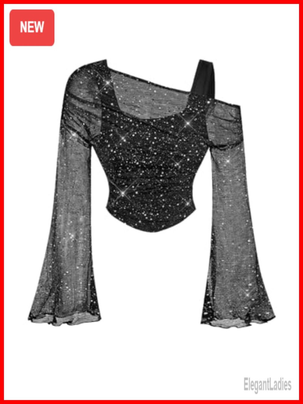 Sequin Mesh Long Bell Sleeve Asymmetrical 2 in 1 Top